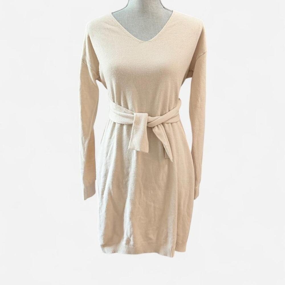 sweater dress women large knit tie-belt oversized cream tunic pullover elegant